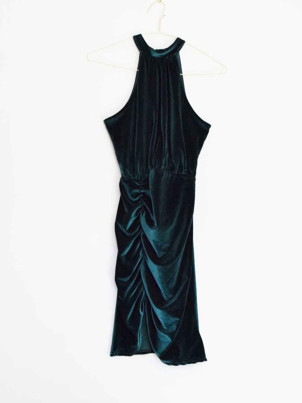 Emerald Green Velvet Halter Neck Cinched Mini Dress | Size S